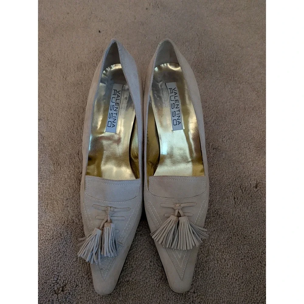 Valentina Russo Beige Suede Tassel Pointed Toe Pumps Made in Spain Size‎ 10 M